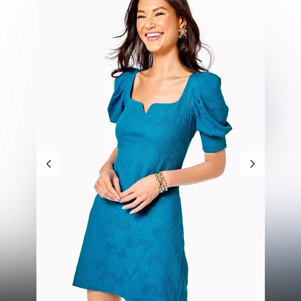 NWT Lilly Pulitzer Feona Elbow Sleeve Knot Pucker Jacquard Dress-XL-Teal Bay
